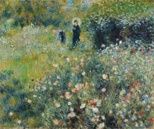 Donna con parasole in giardino di Renoire