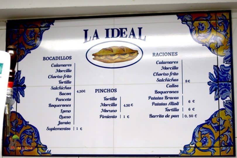 Madrid Bar La Ideal menu