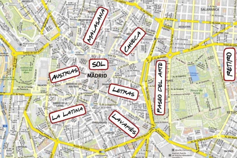 Mapa quartieri dove dormire a Madrid